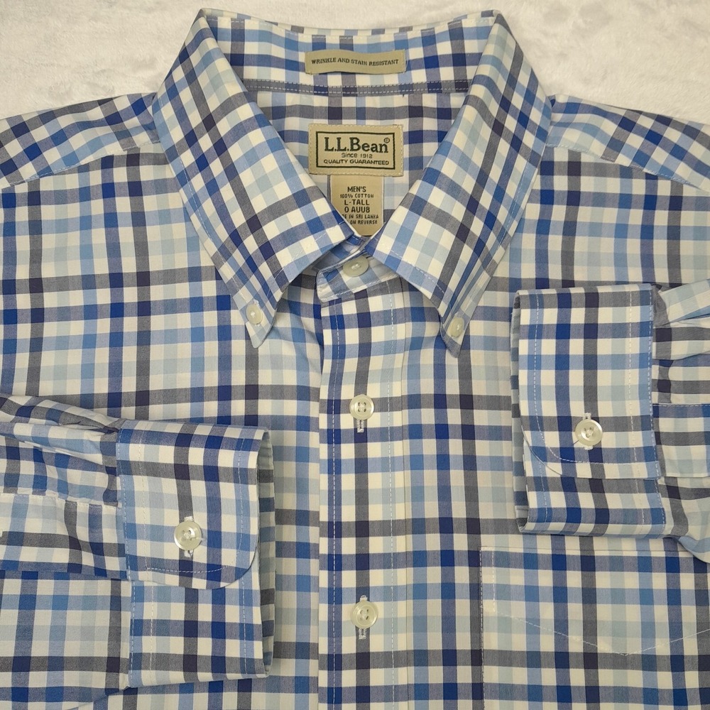 LL Bean Dress Shirt Mens Large Tall Blue Check Wrinkle Resistant‎ Long Sleeve